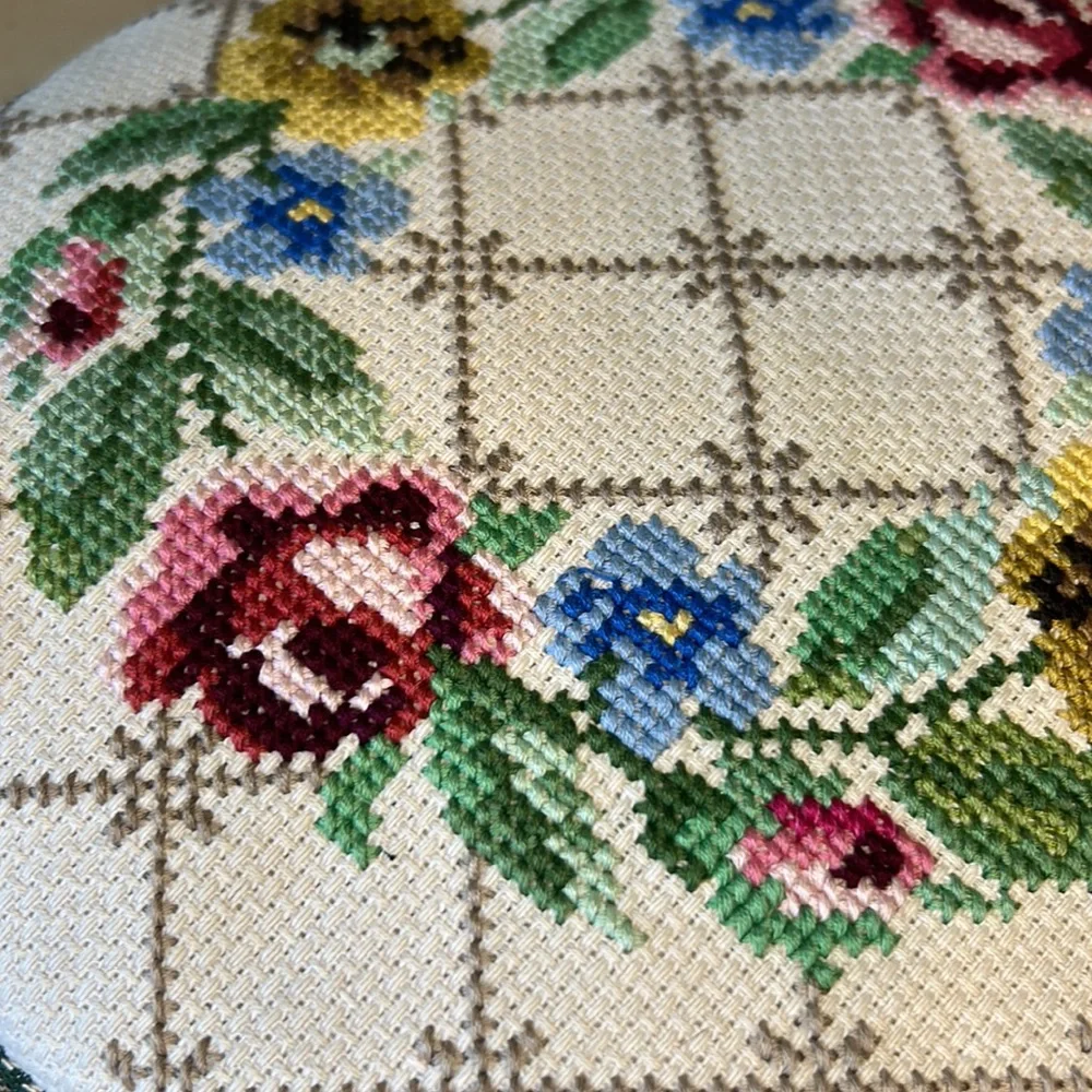 Vintage Handmade Floral Roses Embroidered Needlepoint Accent Throw Pillow